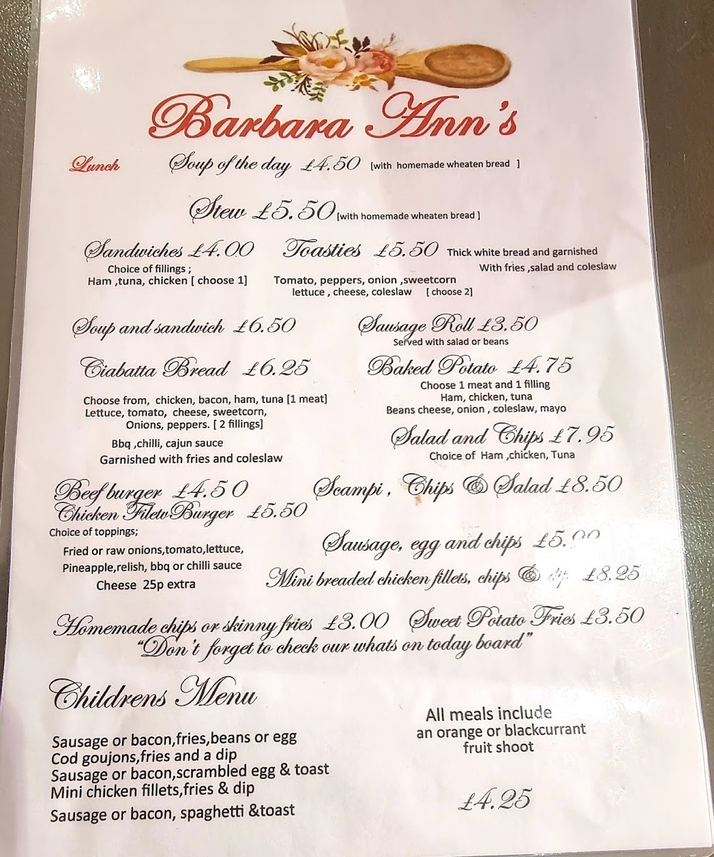 Barbara Ann's Cafe & Bakery menu board