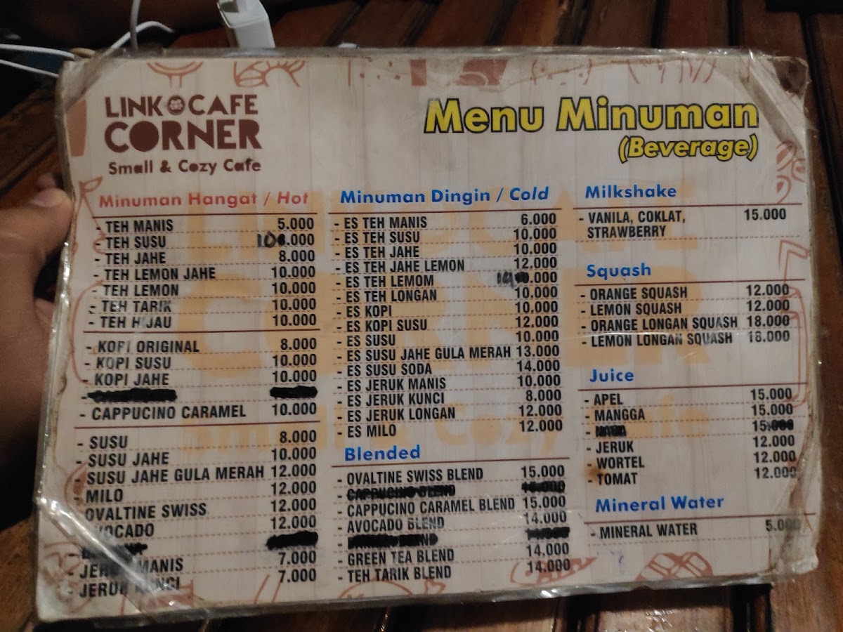 Link Cafe Corner menu board