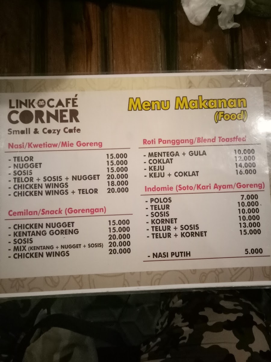 Link Cafe Corner menu board