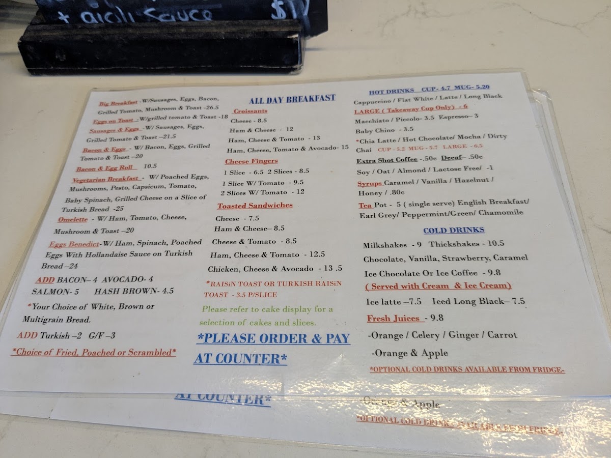 Cafe Expresso Eat in & Takeaway menu board