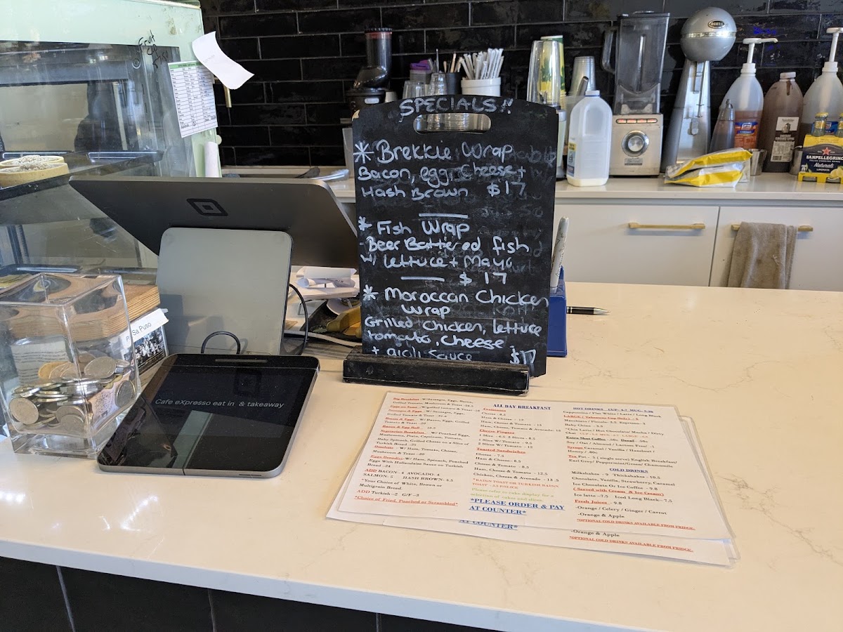 Cafe Expresso Eat in & Takeaway menu board