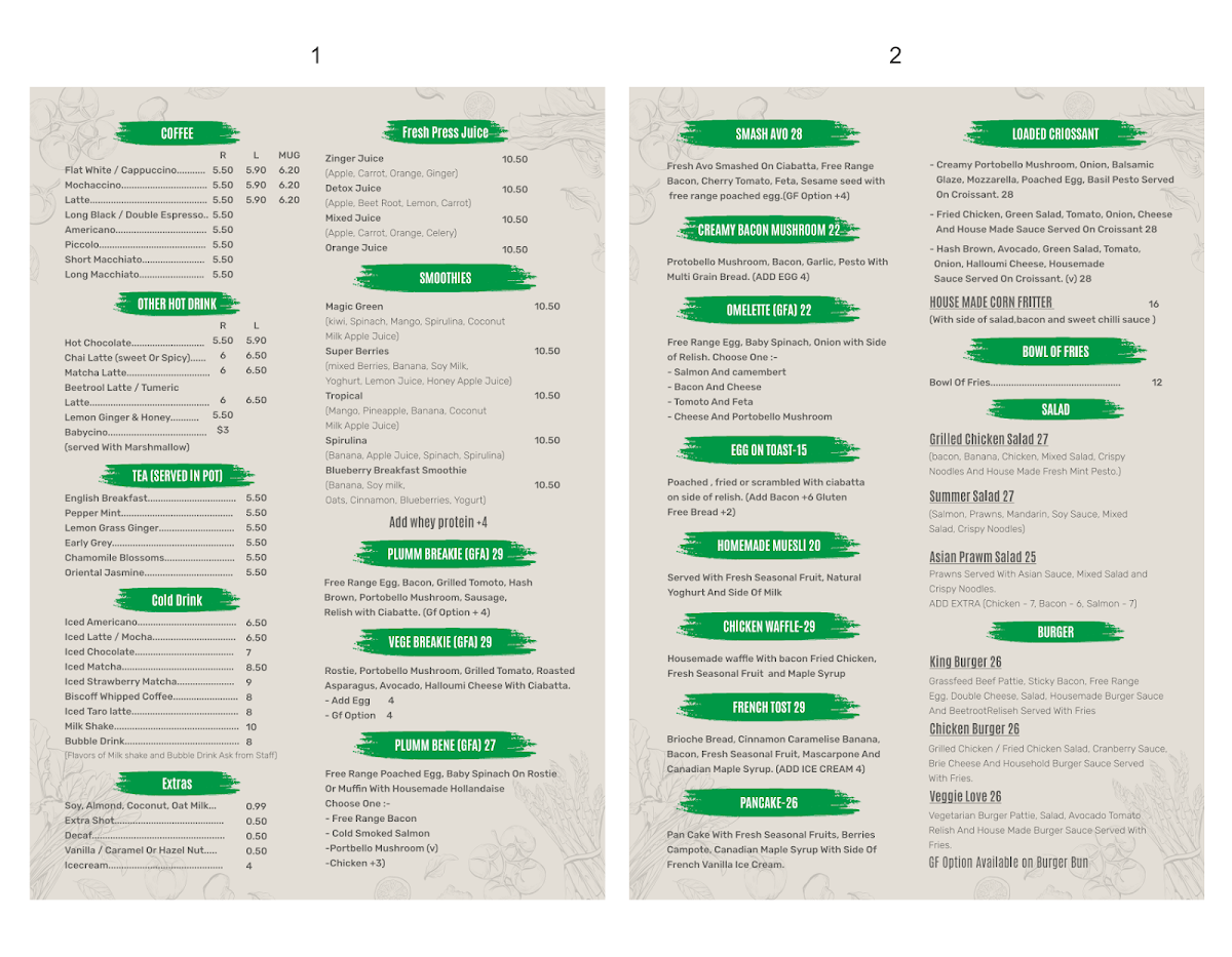 The Plumm Cafe menu board