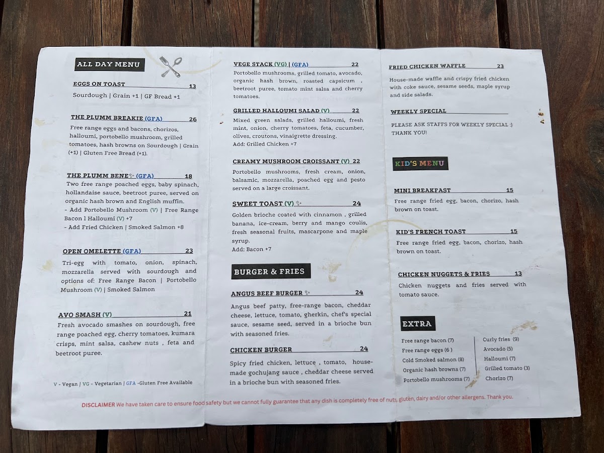 The Plumm Cafe menu board