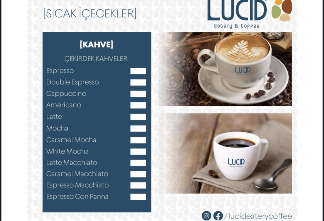 Lucid eatery coffee menu board