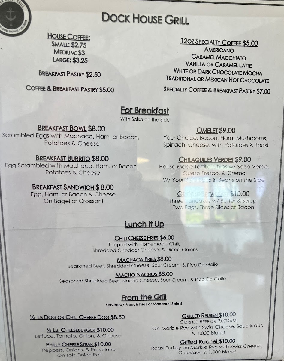 Dock House Grill menu board