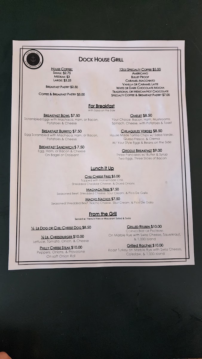 Dock House Grill menu board
