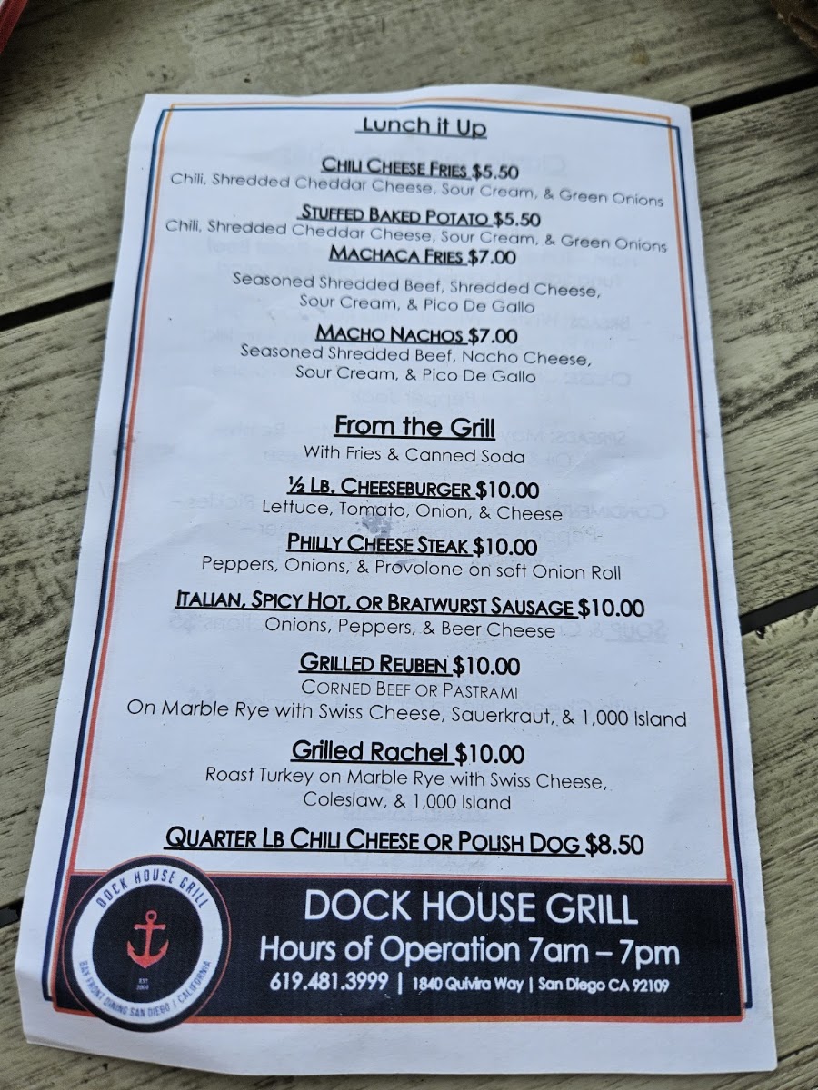 Dock House Grill menu board