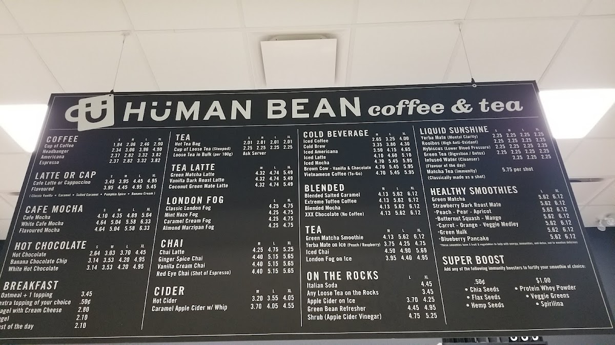 Human Bean Coffee & Tea menu board
