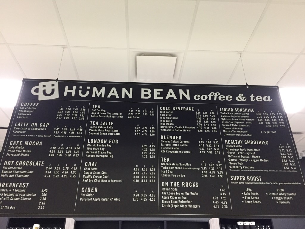 Human Bean Coffee & Tea menu board