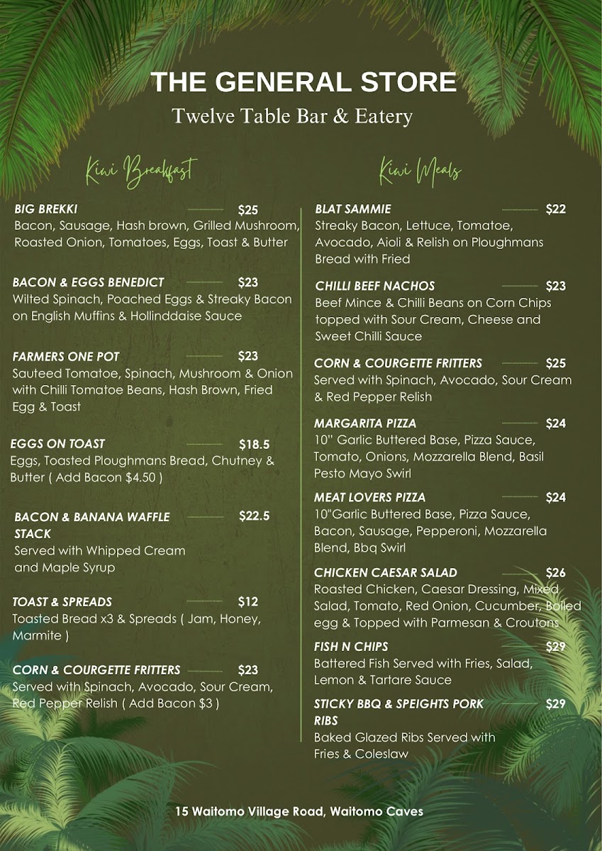 The General Store Waitomo menu board