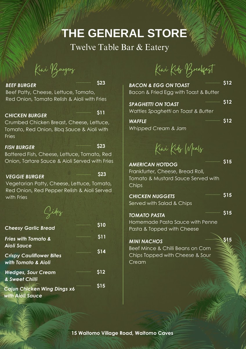 The General Store Waitomo menu board