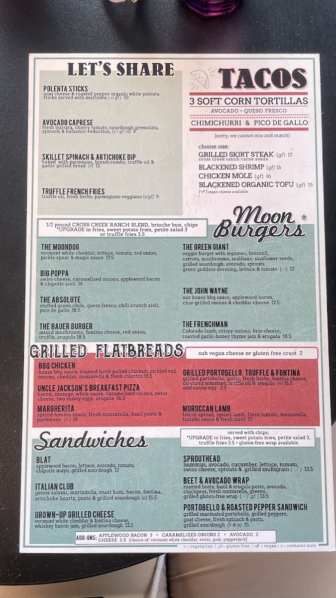 Moondog Cafe and Bakery menu board