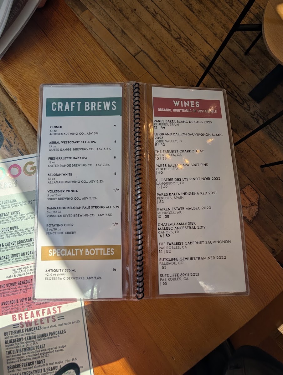 Moondog Cafe and Bakery menu board