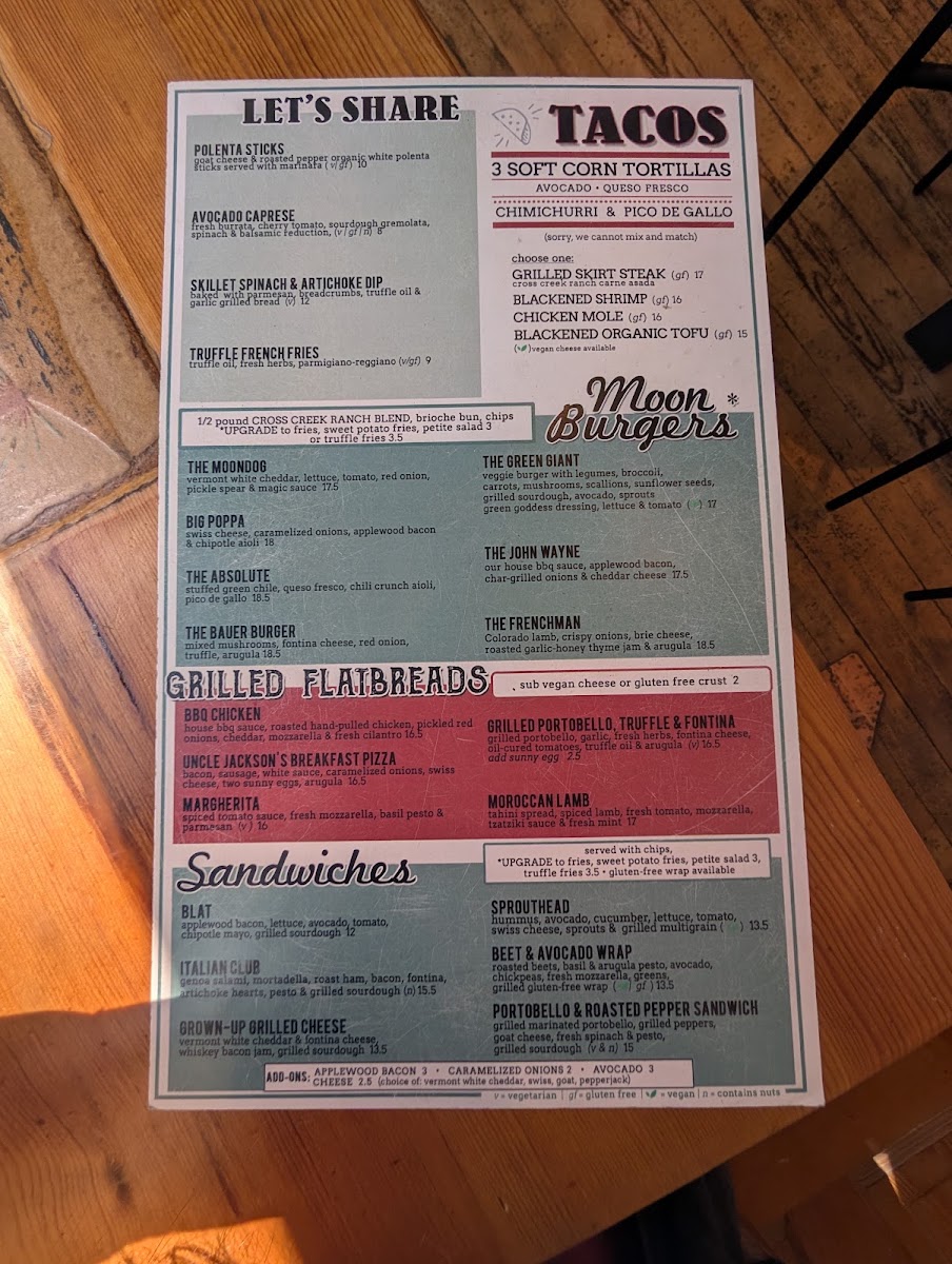 Moondog Cafe and Bakery menu board