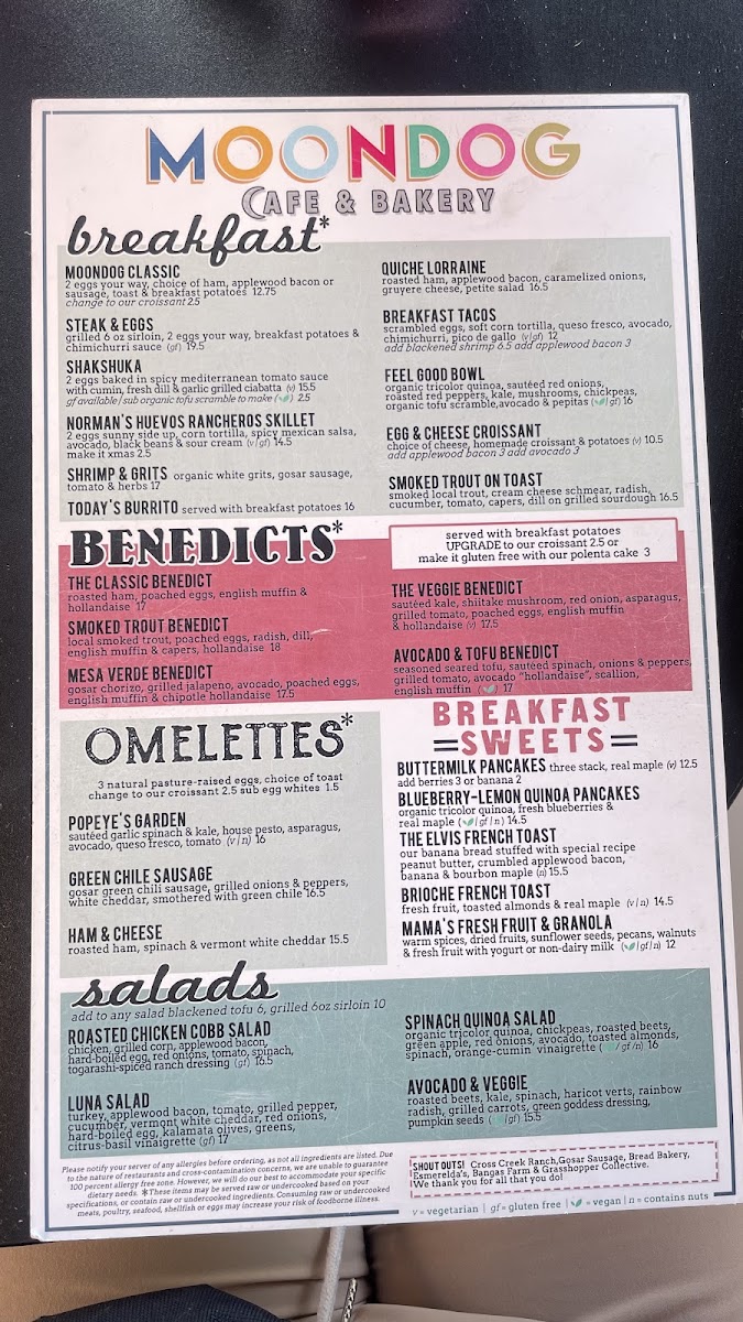 Moondog Cafe and Bakery menu board
