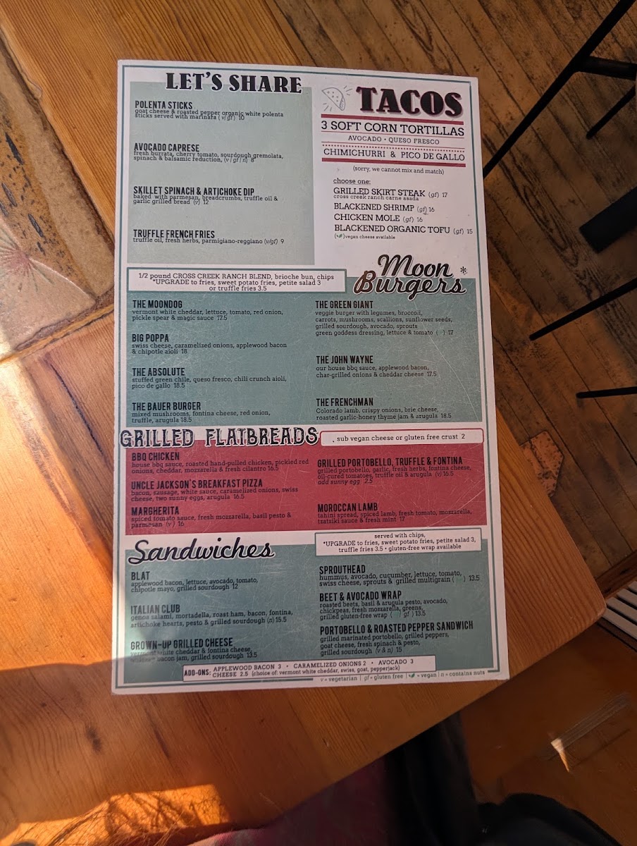 Moondog Cafe and Bakery menu board