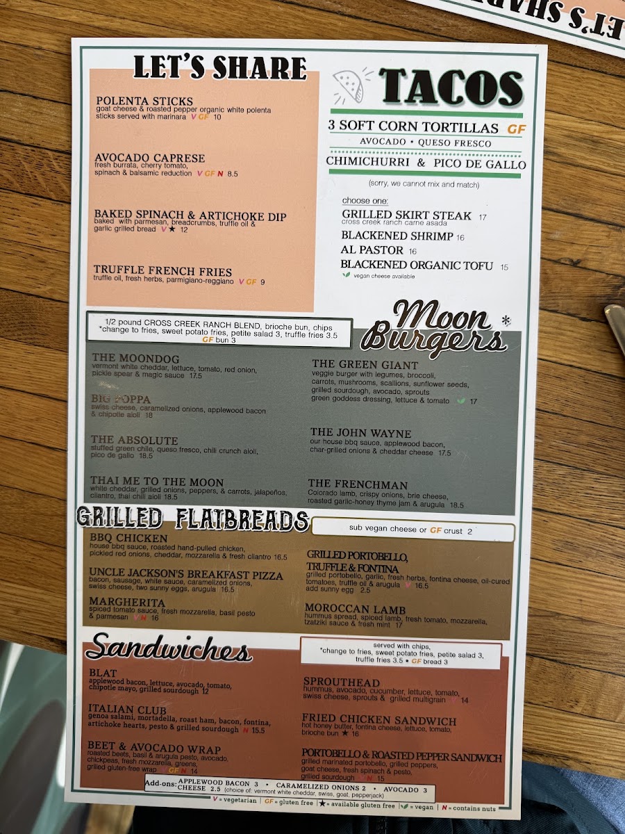 Moondog Cafe and Bakery menu board