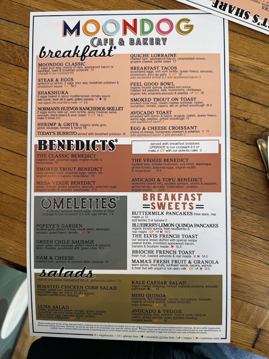 Moondog Cafe and Bakery menu board