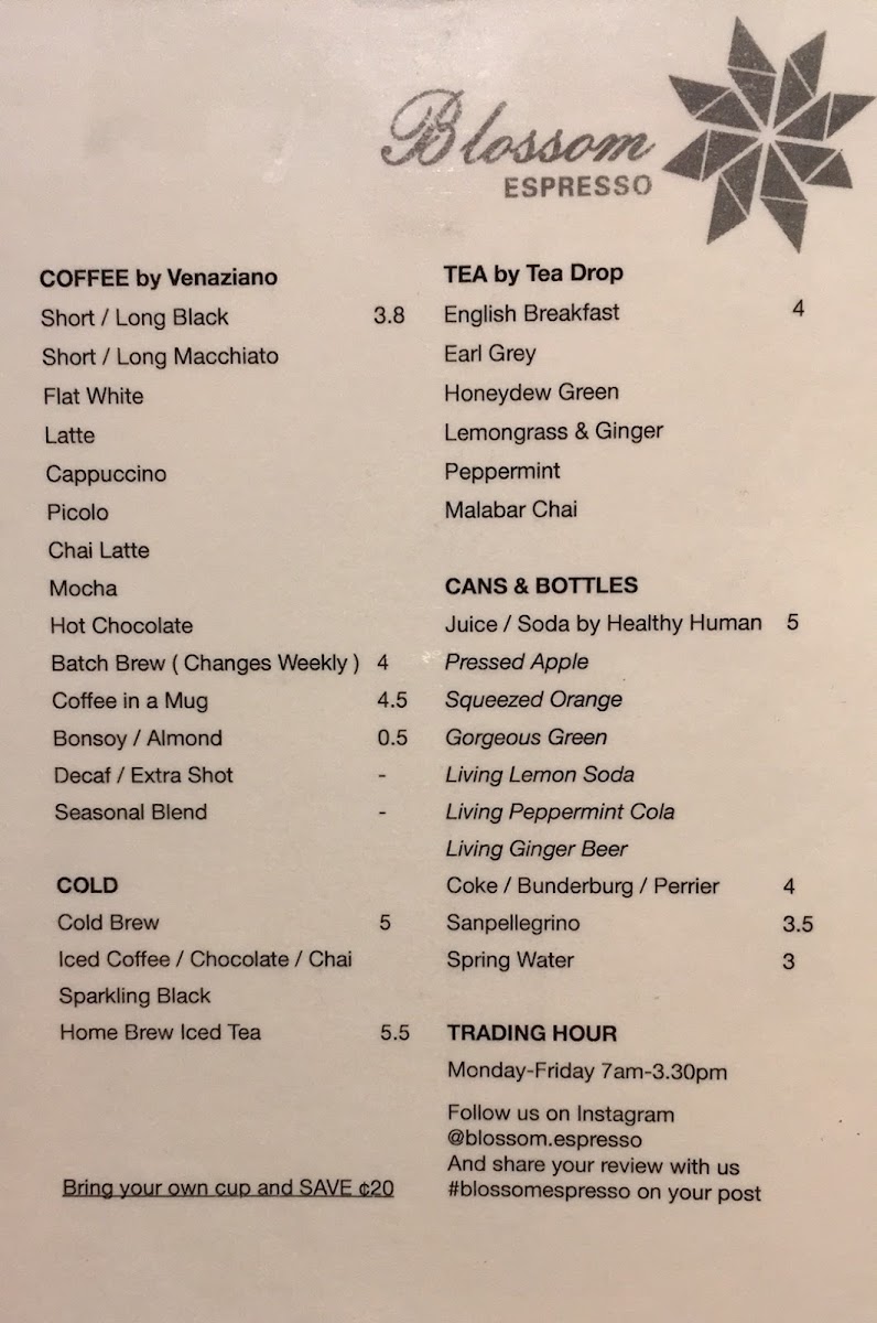 Blossom Espresso menu board