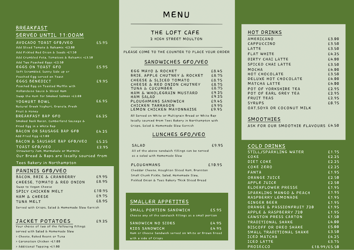 The Loft - Cafe & Lounge Bar menu board