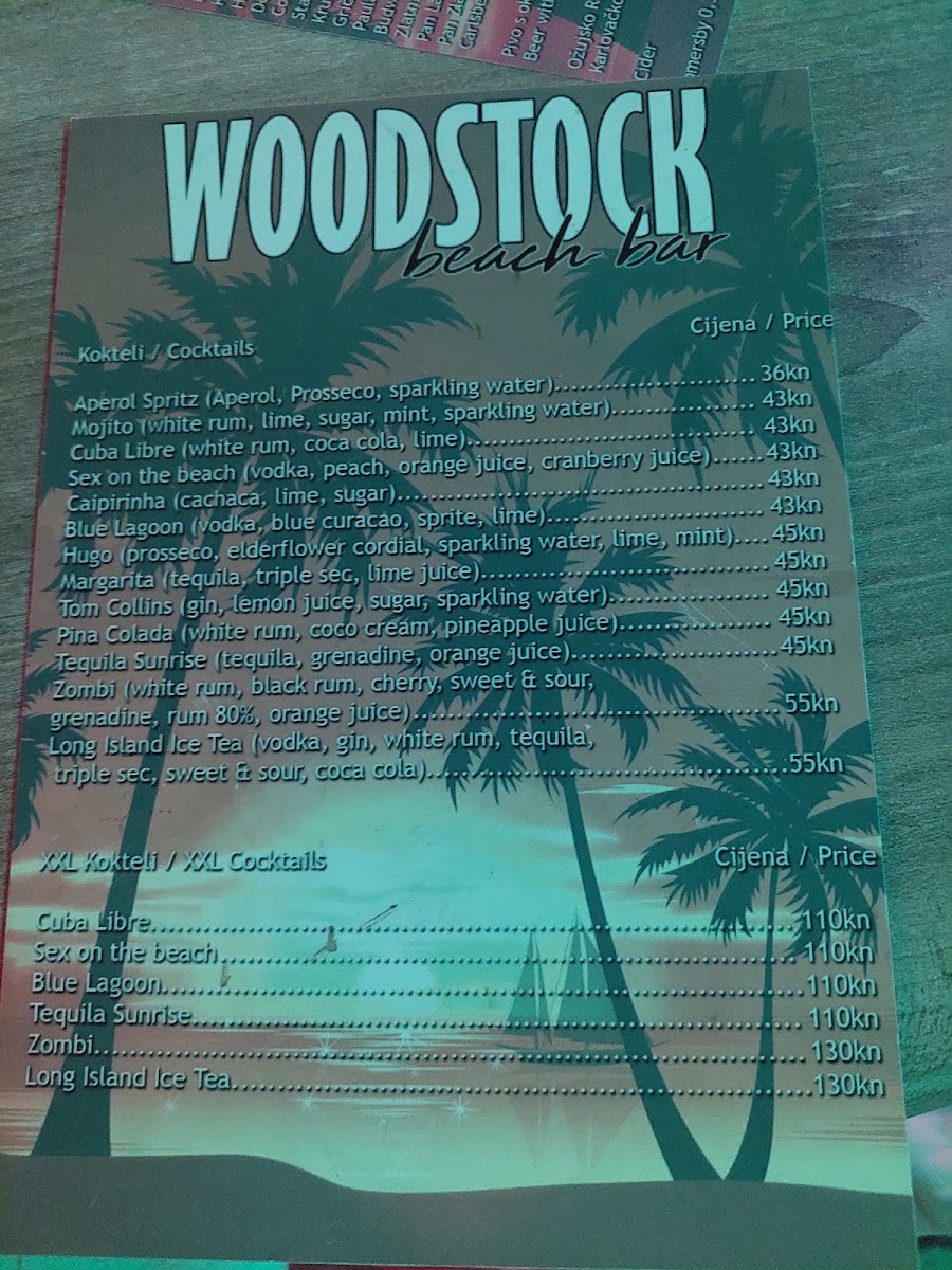 Woodstock Beach Bar Vrsi menu board