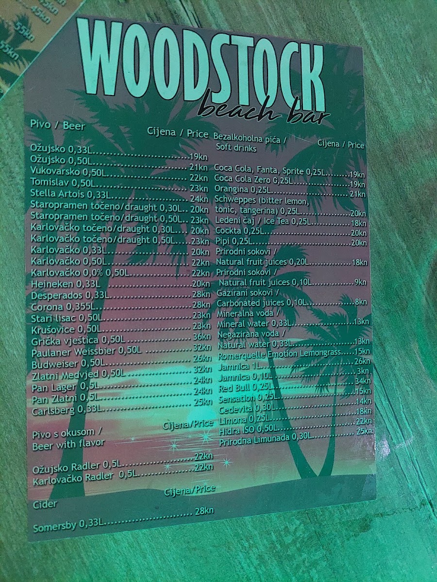 Woodstock Beach Bar Vrsi menu board