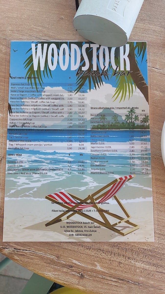 Woodstock Beach Bar Vrsi menu board