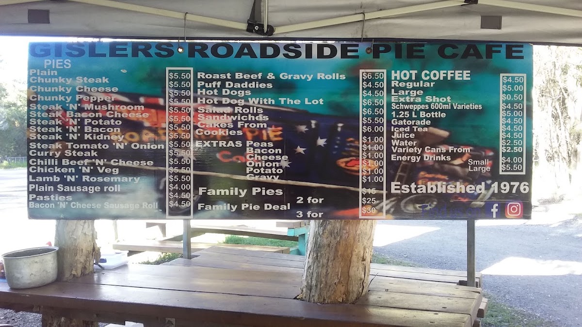 Gisler's Roadside Pie Cafe menu board