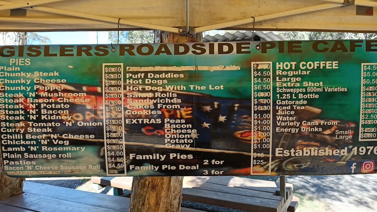 Gisler's Roadside Pie Cafe menu board