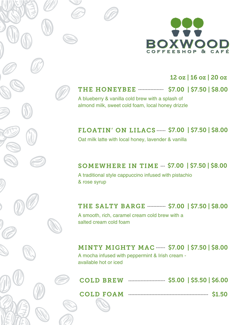 Boxwood Coffeeshop & Cafe menu board