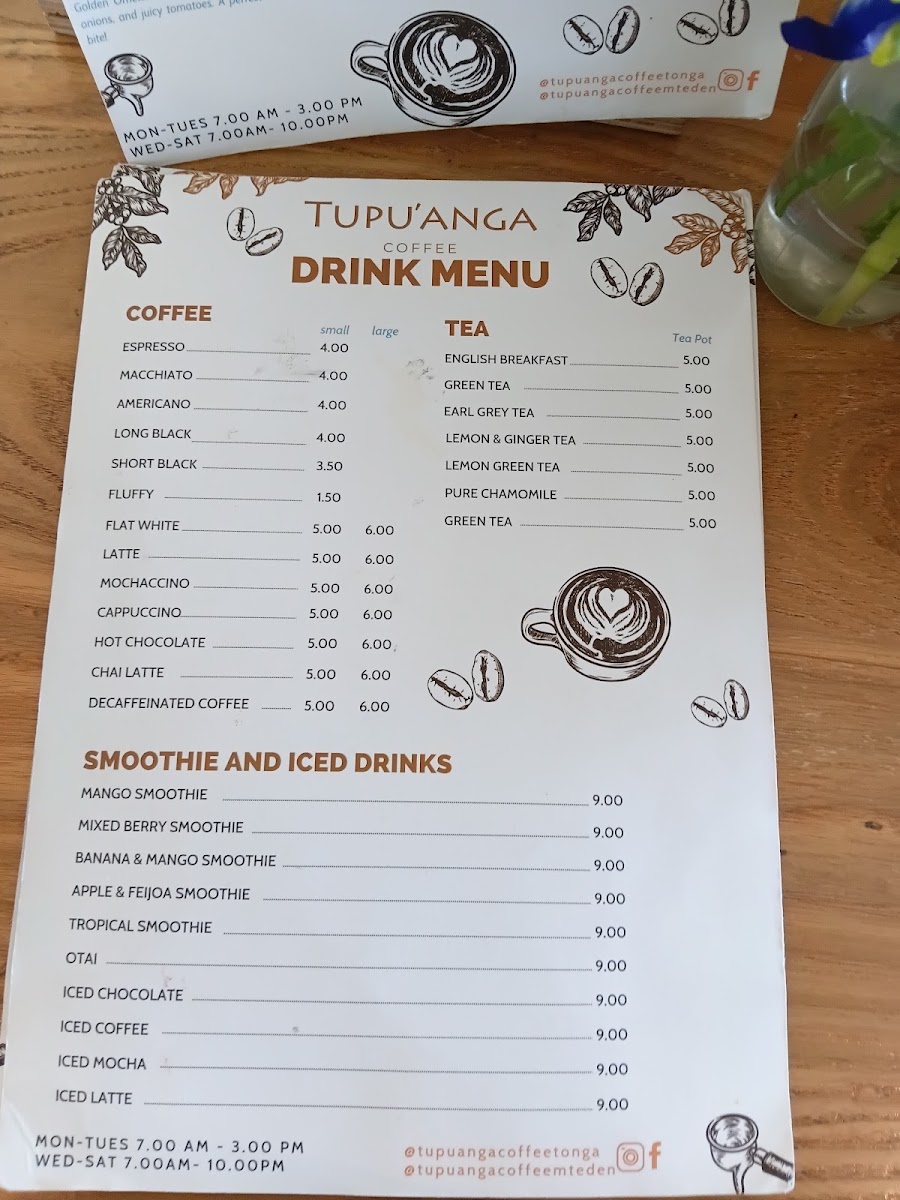 Tupu'anga Coffee - Mt Eden menu board