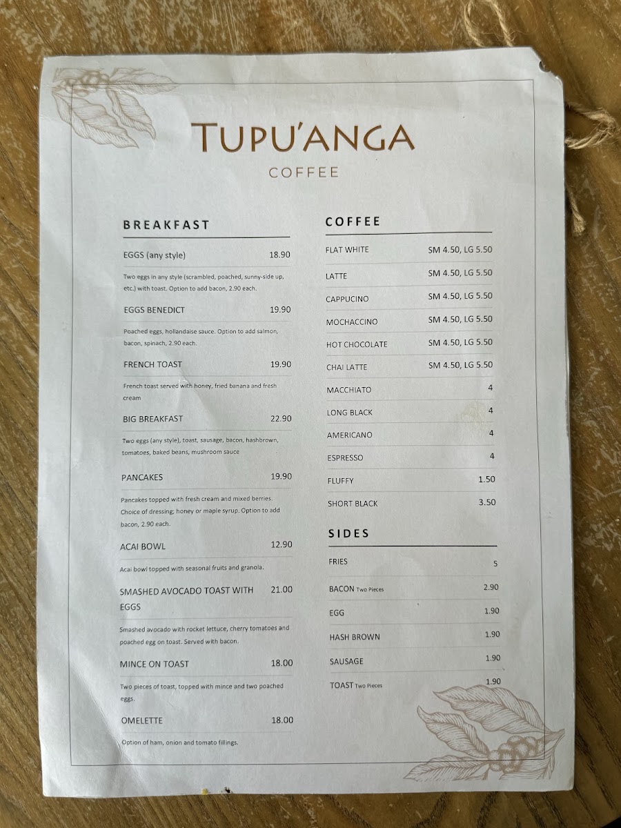 Tupu'anga Coffee - Mt Eden menu board