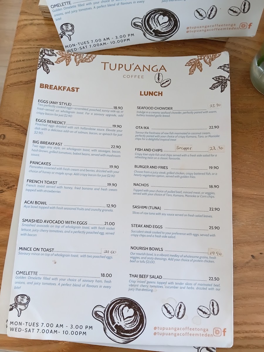 Tupu'anga Coffee - Mt Eden menu board
