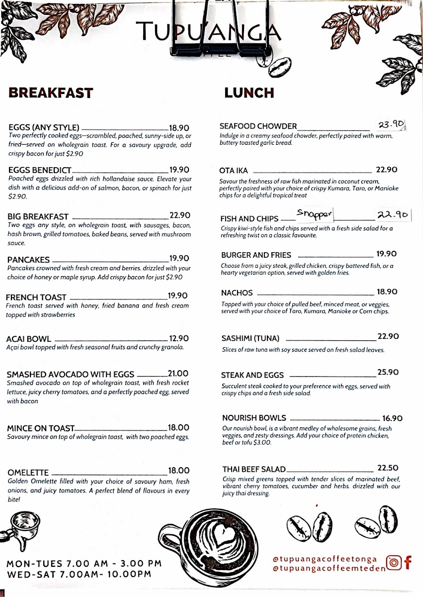 Tupu'anga Coffee - Mt Eden menu board