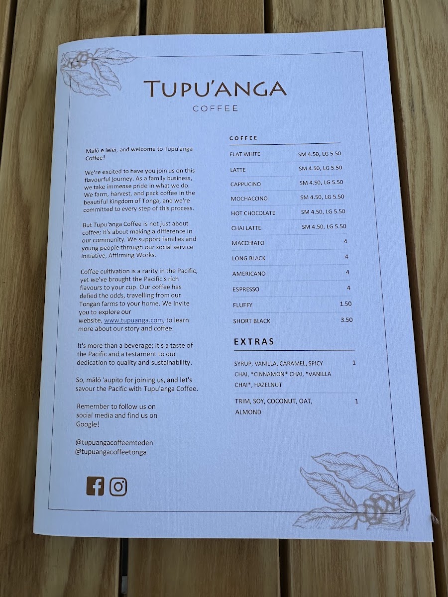 Tupu'anga Coffee - Mt Eden menu board
