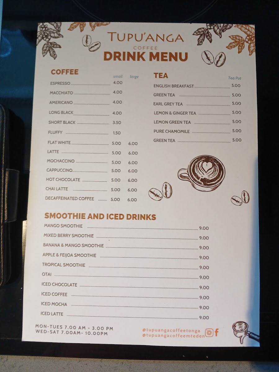 Tupu'anga Coffee - Mt Eden menu board