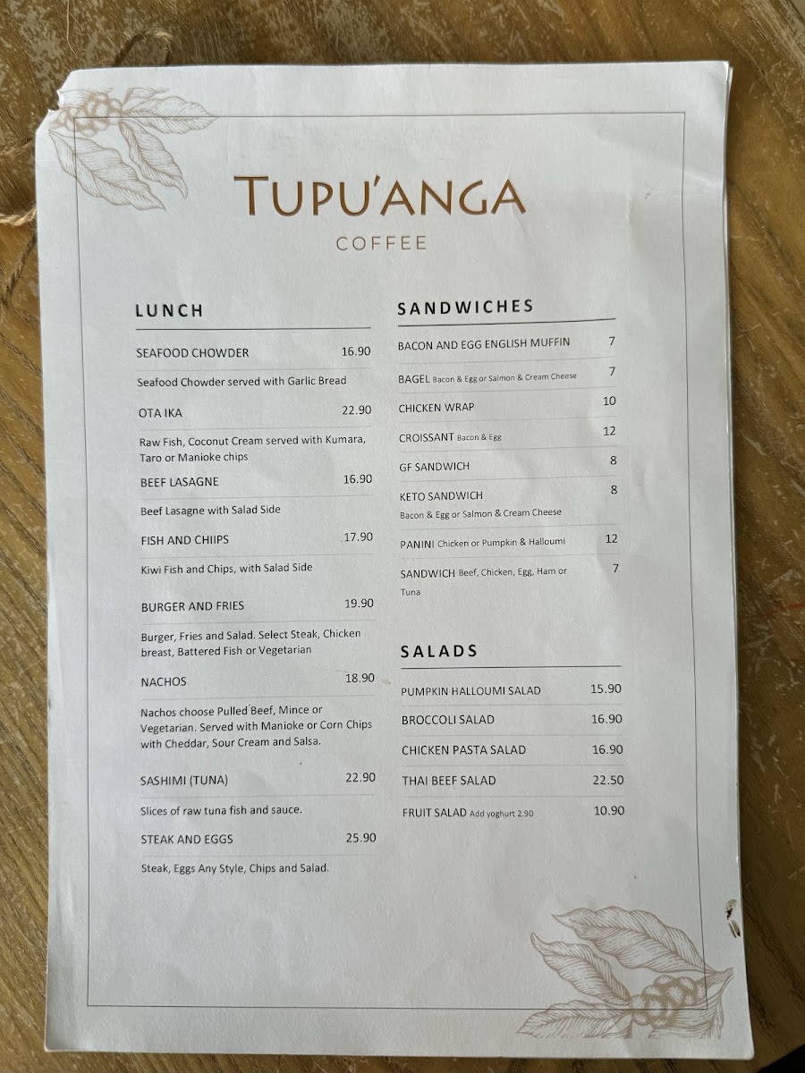 Tupu'anga Coffee - Mt Eden menu board