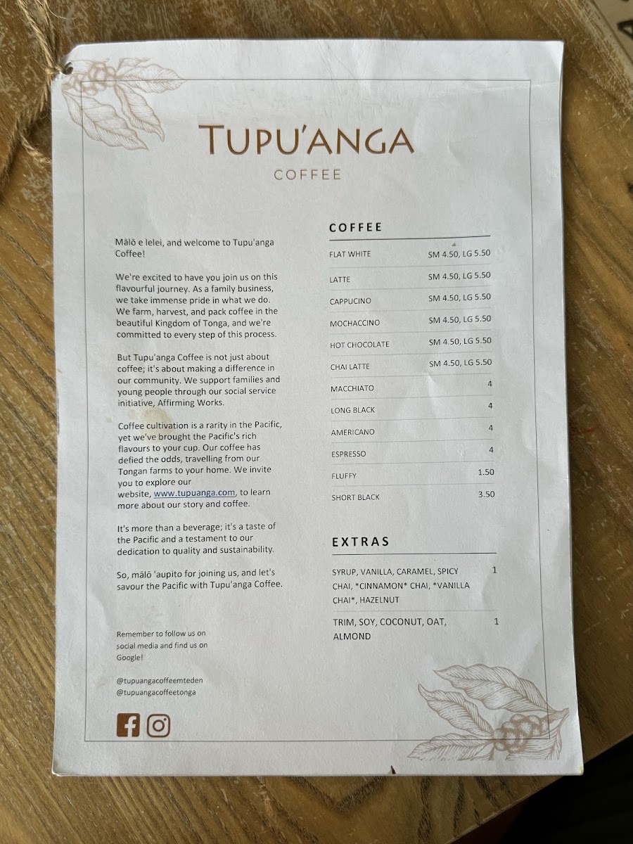 Tupu'anga Coffee - Mt Eden menu board