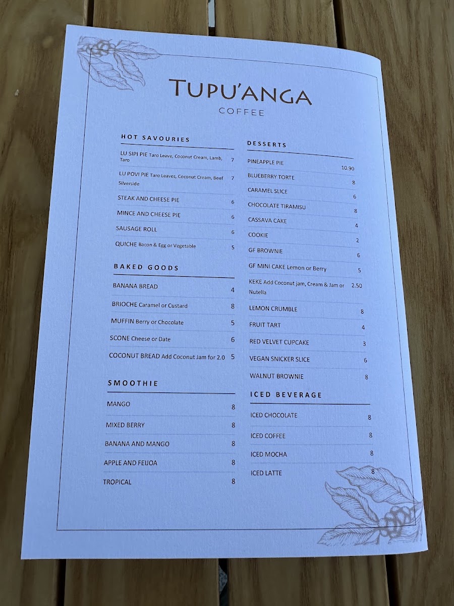 Tupu'anga Coffee - Mt Eden menu board