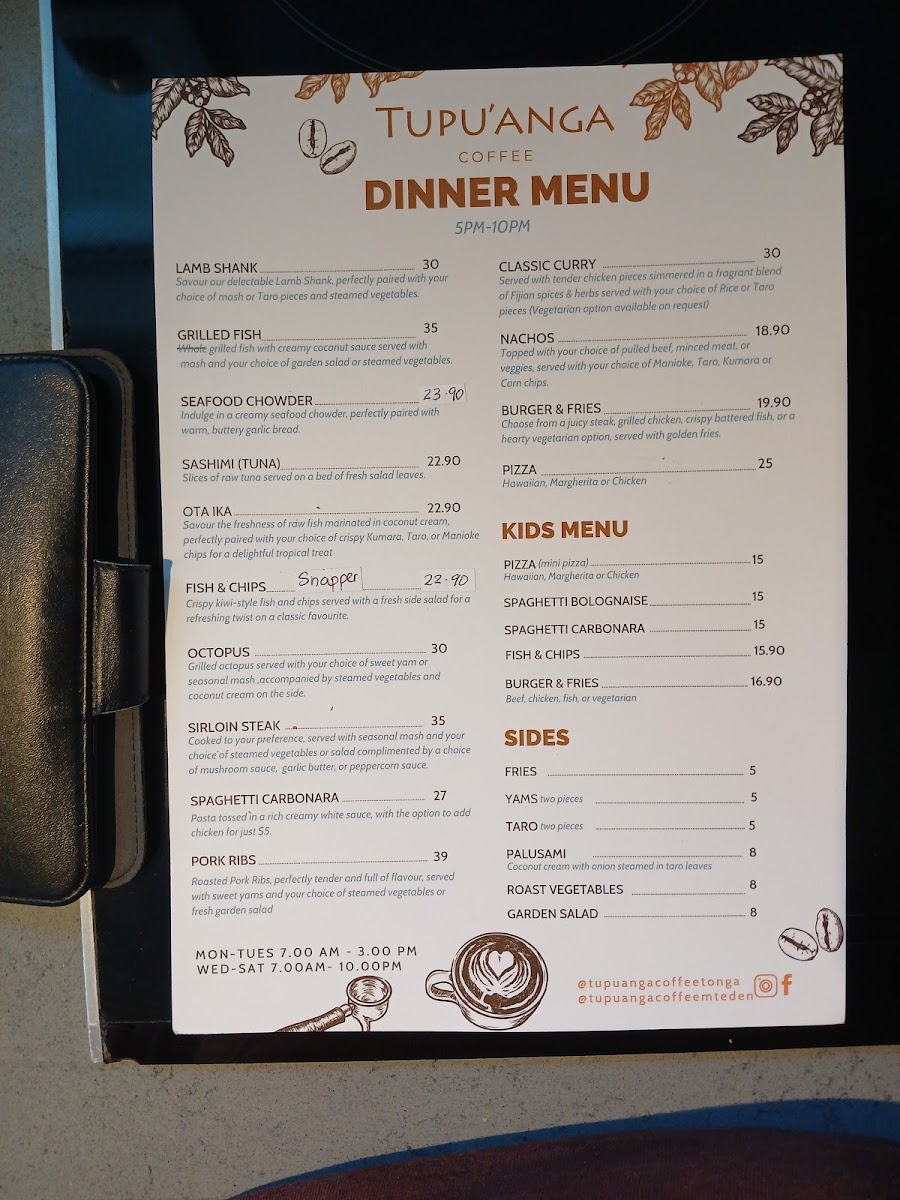 Tupu'anga Coffee - Mt Eden menu board