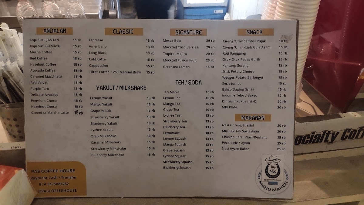 PAS Coffee House menu board