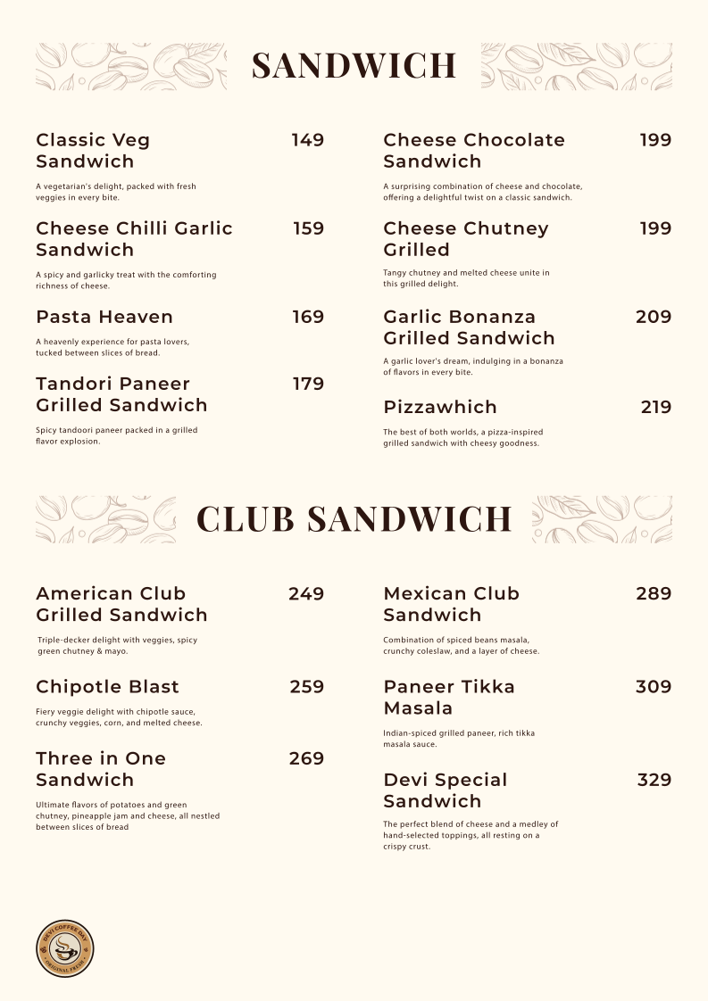 Devi Coffee Day menu board