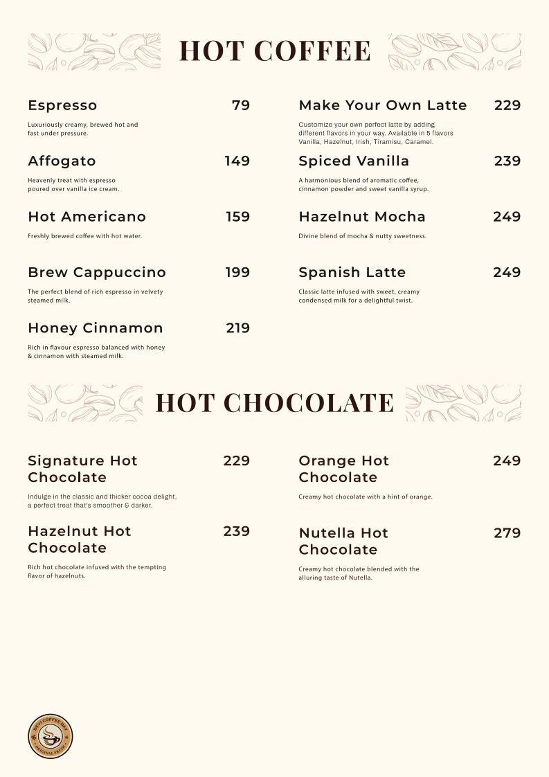 Devi Coffee Day menu board
