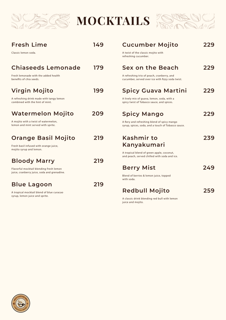 Devi Coffee Day menu board