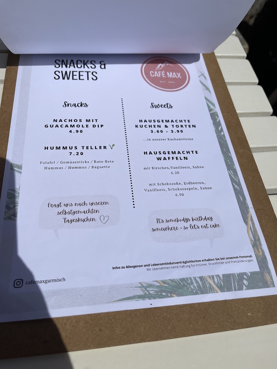 Café Max menu board