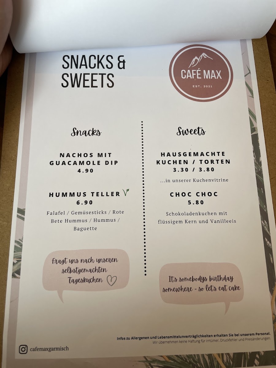 Café Max menu board