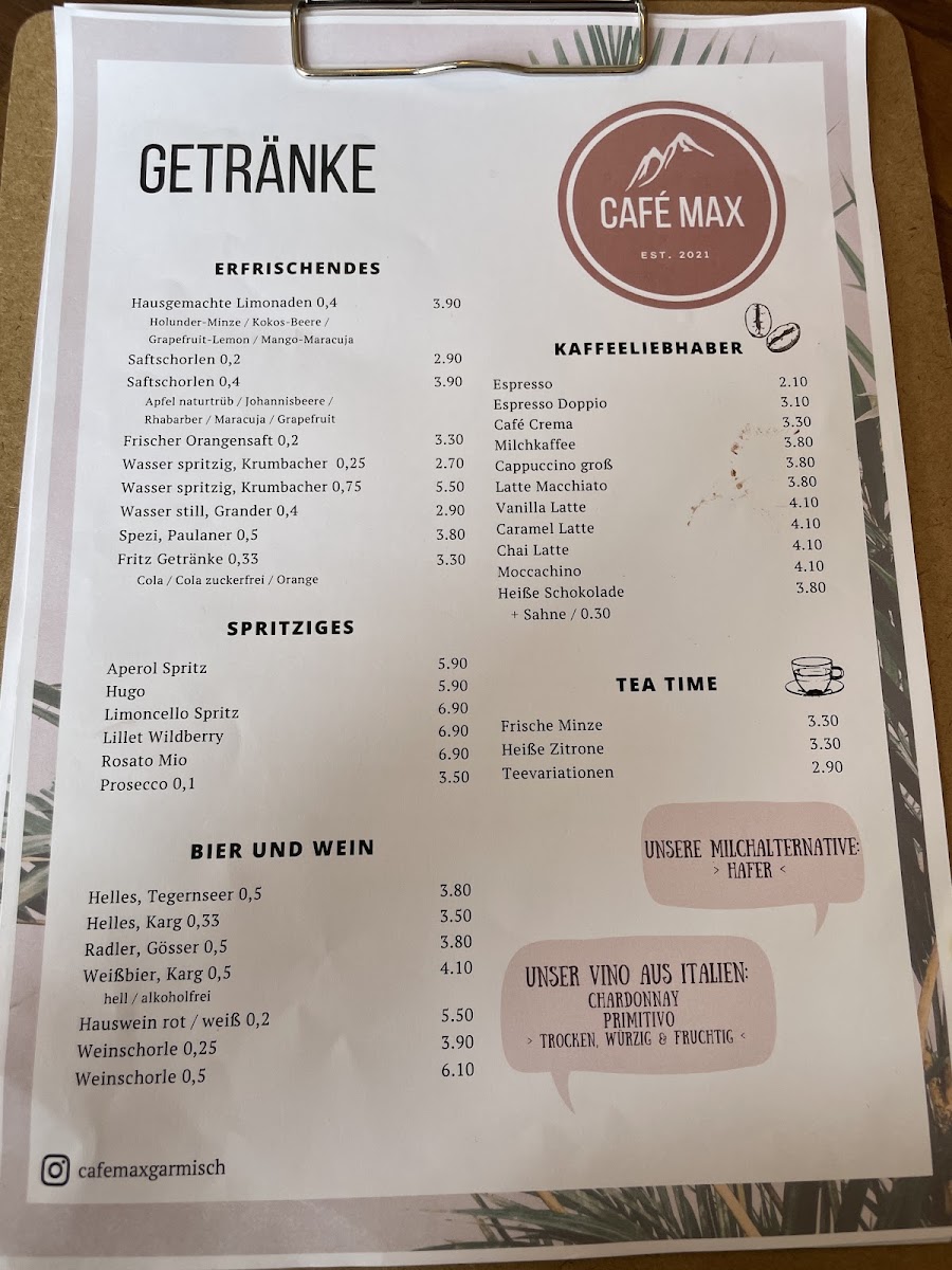 Café Max menu board