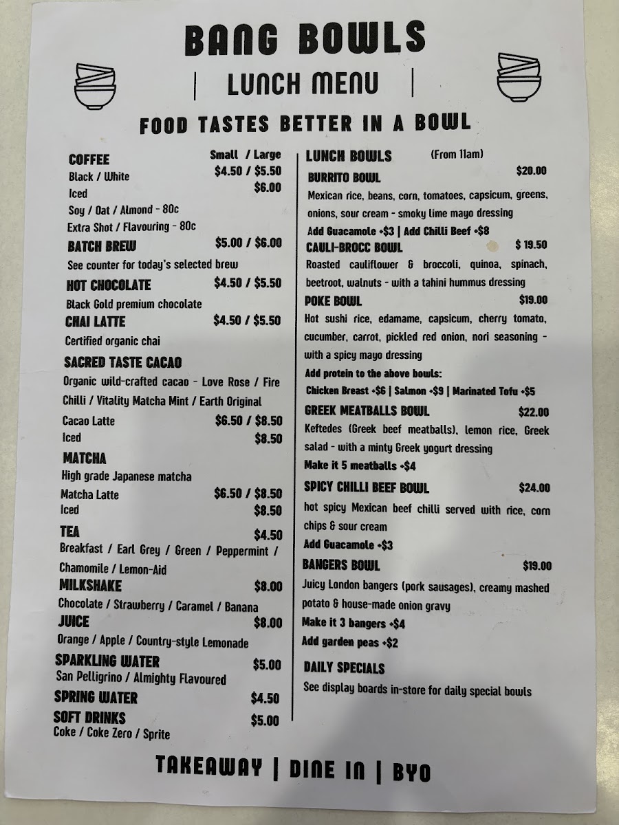 Bang Bowls menu board