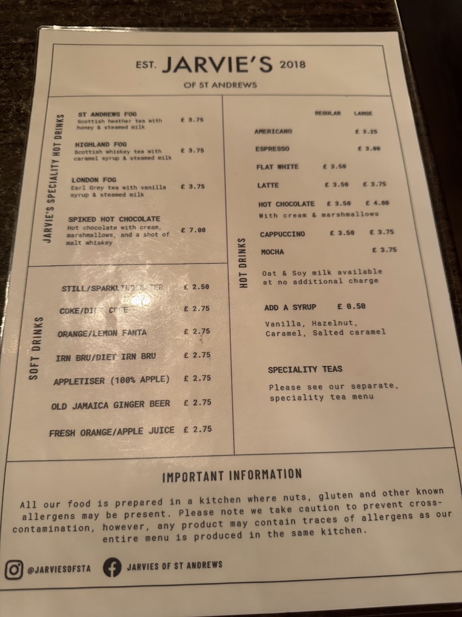 Jarvie’s of St Andrews menu board