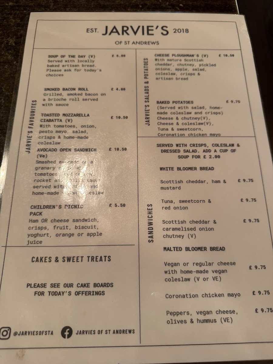 Jarvie’s of St Andrews menu board